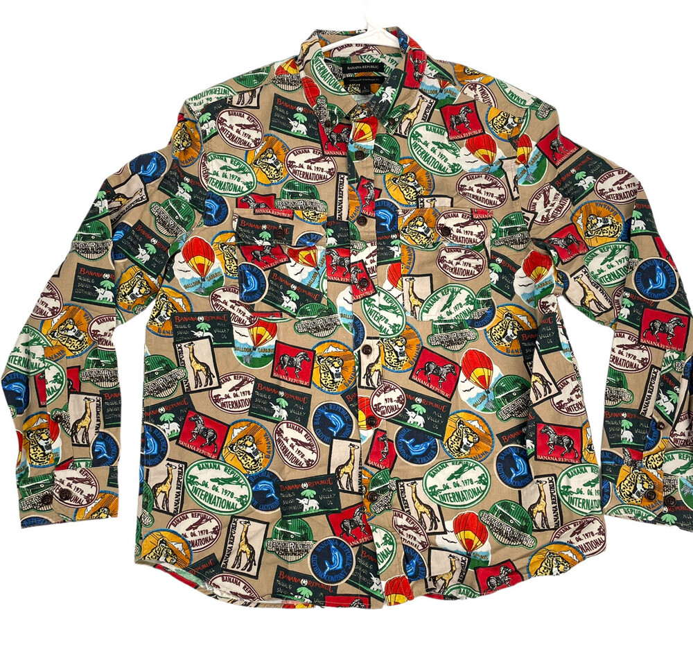 Banana Republic Linen BlendShirt Mens L Multicolor Safari Patch Print Button Up